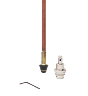 Copper stem with brass end black rubber washers and seal with polished chrome stem.
