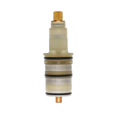 Bright brass stem with plastic body stainless steel screens black rubber o-rings and copper thermo.