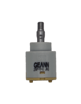 Grey plastic cartridge with metal screw type handle connection tan bottm with black seal geann printed on the side.