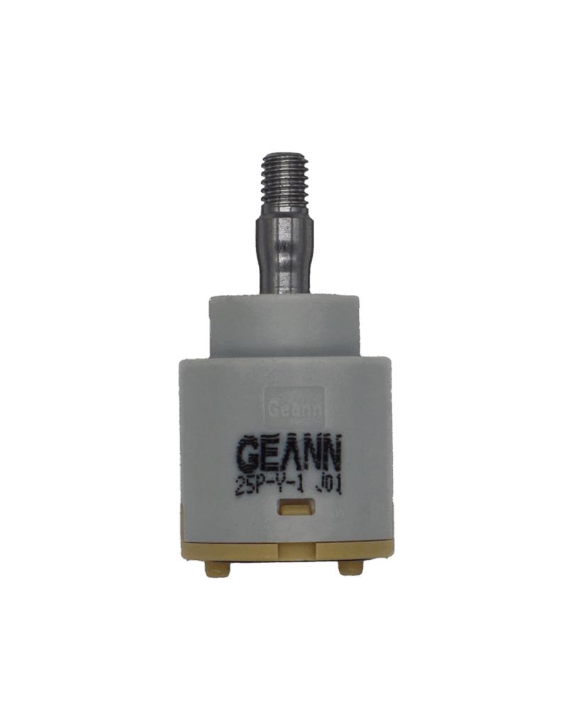 Grey plastic cartridge with metal screw type handle connection tan bottm with black seal geann printed on the side.