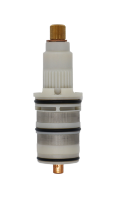 White plastic cartridge with a brass stem copper thermo stainless screens with black orings.