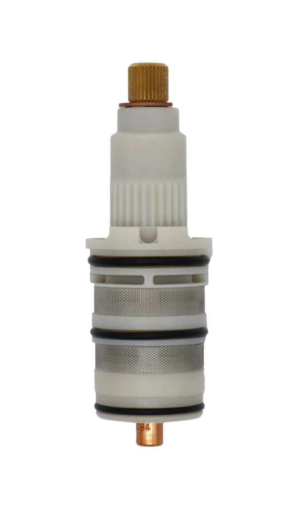 White plastic cartridge with a brass stem copper thermo stainless screens with black orings.