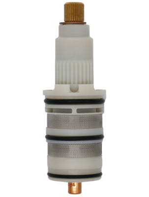 White plastic cartridge with a brass stem copper thermo stainless screens with black orings.