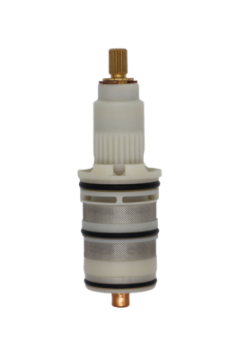 White plastic cartridge with brass handle connection black rubber o-rings stainless mesh and copper thermo.
