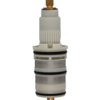 White plastic cartridge with brass handle connection black rubber o-rings stainless mesh and copper thermo.