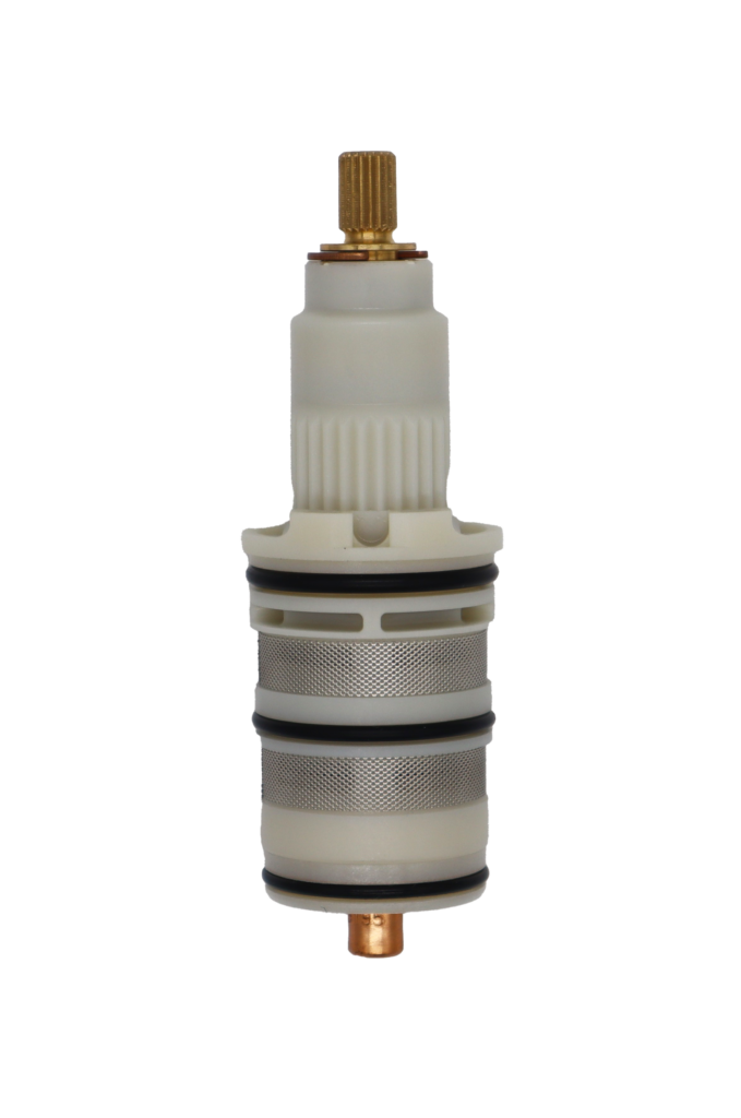 White plastic cartridge with brass handle connection black rubber o-rings stainless mesh and copper thermo.