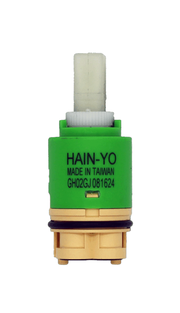 Lime green and tan plastic cartridge with white square handle connection black rubber o-ring and black bottom seals.
