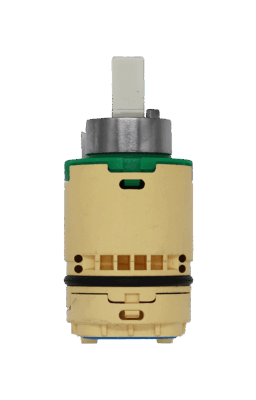 Tan plastic cartridge with green top and stainless limit stop with plastic handle connection. Black and blue o-ring to insure proper seal.