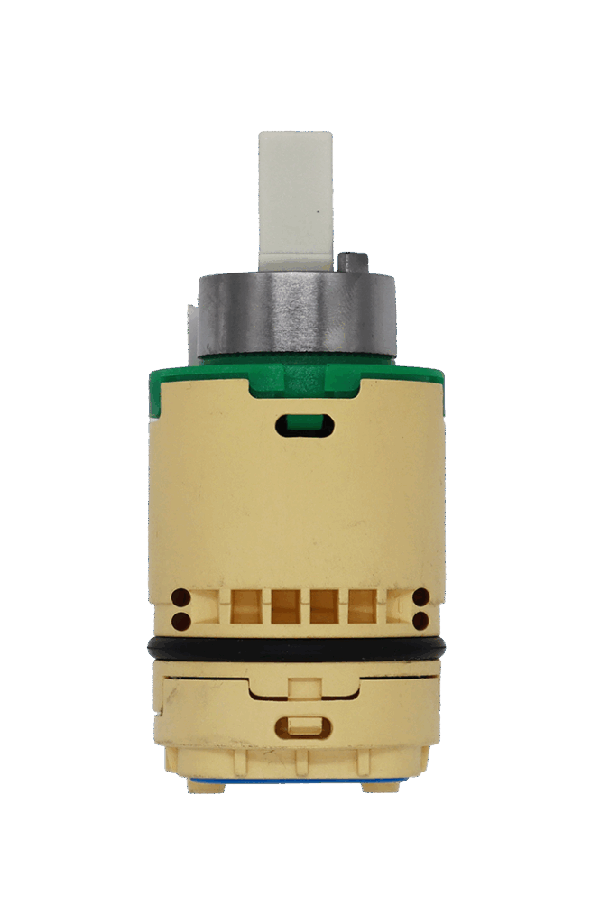 Tan plastic cartridge with green top and stainless limit stop with plastic handle connection. Black and blue o-ring to insure proper seal.