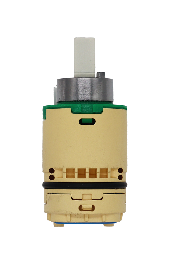 Tan plastic cartridge with green top and stainless limit stop with plastic handle connection. Black and blue o-ring to insure proper seal.