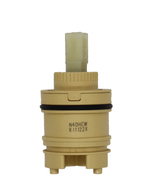 Tan yellow cartridgw with white square handle connection with black rubber o-ring and blue bottom seals.