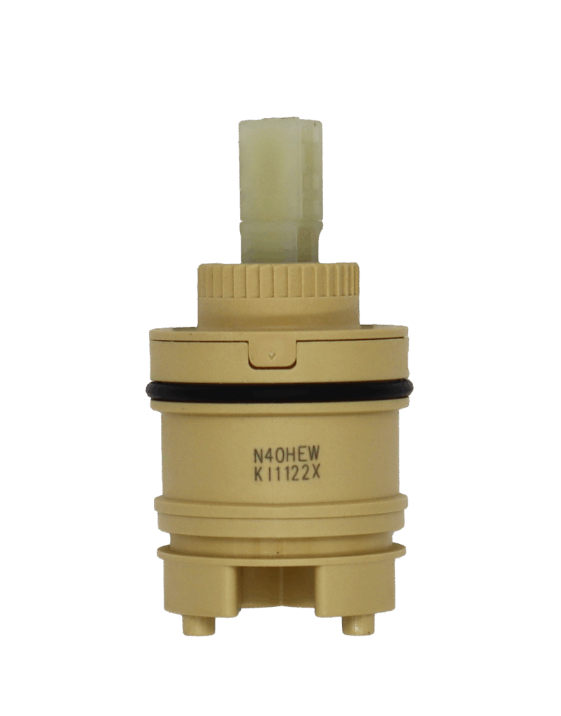 Tan yellow cartridgw with white square handle connection with black rubber o-ring and blue bottom seals.