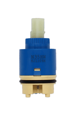 Blue and tan plastic cartridge with white square handle connection with black rubber o-ring and blue rubber bottom seal.