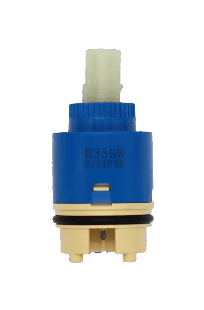 Blue and tan plastic cartridge with white square handle connection with black rubber o-ring and blue rubber bottom seal.