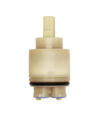 Tan plastic cartridge with square handle connection black rubber o-ring and blue rubber seals.