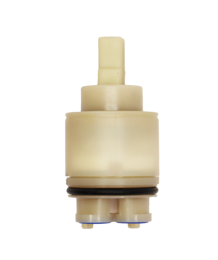Tan plastic cartridge with square handle connection black rubber o-ring and blue rubber seals.