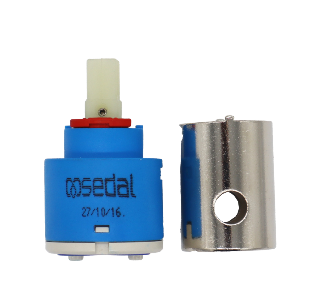 Bright blue plastic cartridge with red limit stop white square handle connection with grey bottom and blue seals.