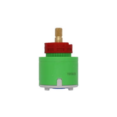 Green plastic cartridge with red limit stop brass stem with white ceramic discs and blue bottom seal.