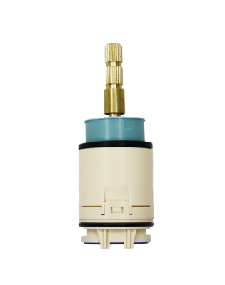 Tan cartridge body with light blue limit stop brass stem handle connection black o-ring and blue bottom seal.