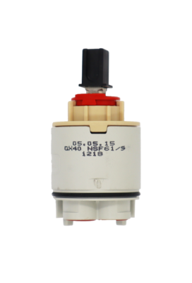 Grey and tan plastic cartridge with red limit stop black and metal handle connection black rubber o-ring and red rubber seals.