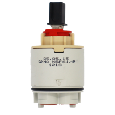 Grey and tan plastic cartridge with red limit stop black and metal handle connection black rubber o-ring and red rubber seals.