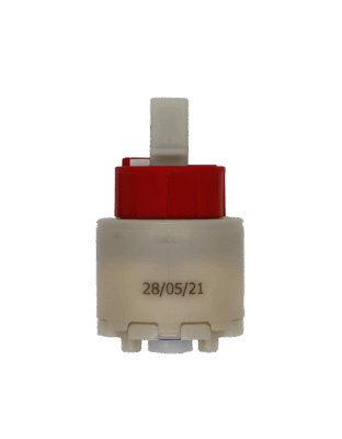 Tan plastic cartridgw with red limit stop white square handle connection and blue rubber bottom seals with white plastic adapter.