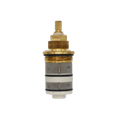 Bright brass body with black rubber o-rings stainless screens white plastic hosuing and copper thermo.