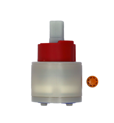 Tan plastic cartridge with red limit stop white square handle connection blue rubber bottom seals and orange flow restrictor.