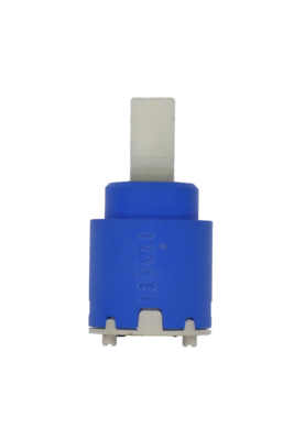 Bright blue plastic cartridge with white square handle connection with grey bottom and black seals.
