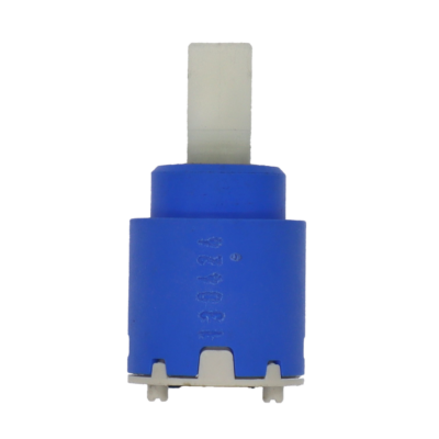 Bright blue plastic cartridge with white square handle connection with grey bottom and black seals.