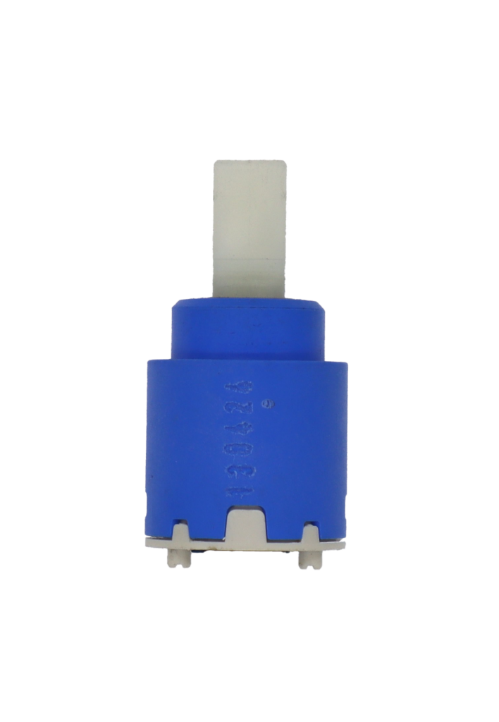 Bright blue plastic cartridge with white square handle connection with grey bottom and black seals.