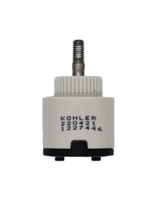 Grey plastic cartridge with stainless joystick handle connection with black bottom with grey rubber seal with kohler printed on the side.