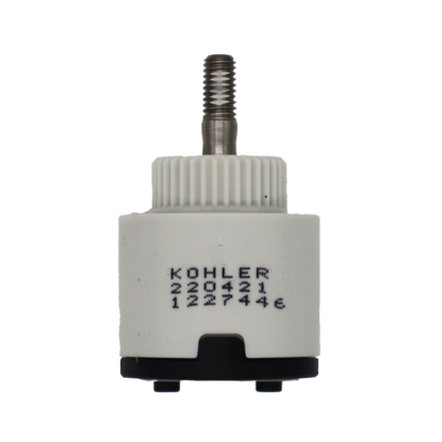 Grey plastic cartridge with stainless joystick handle connection with black bottom with grey rubber seal with kohler printed on the side.