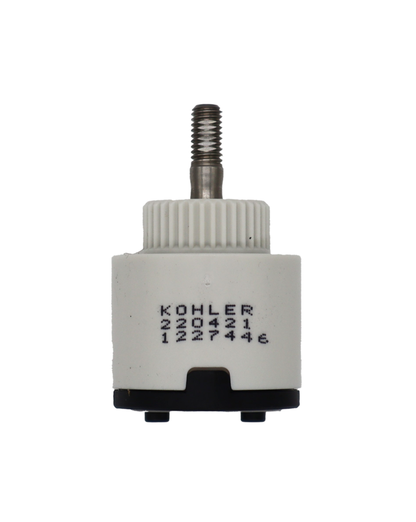 Grey plastic cartridge with stainless joystick handle connection with black bottom with grey rubber seal with kohler printed on the side.
