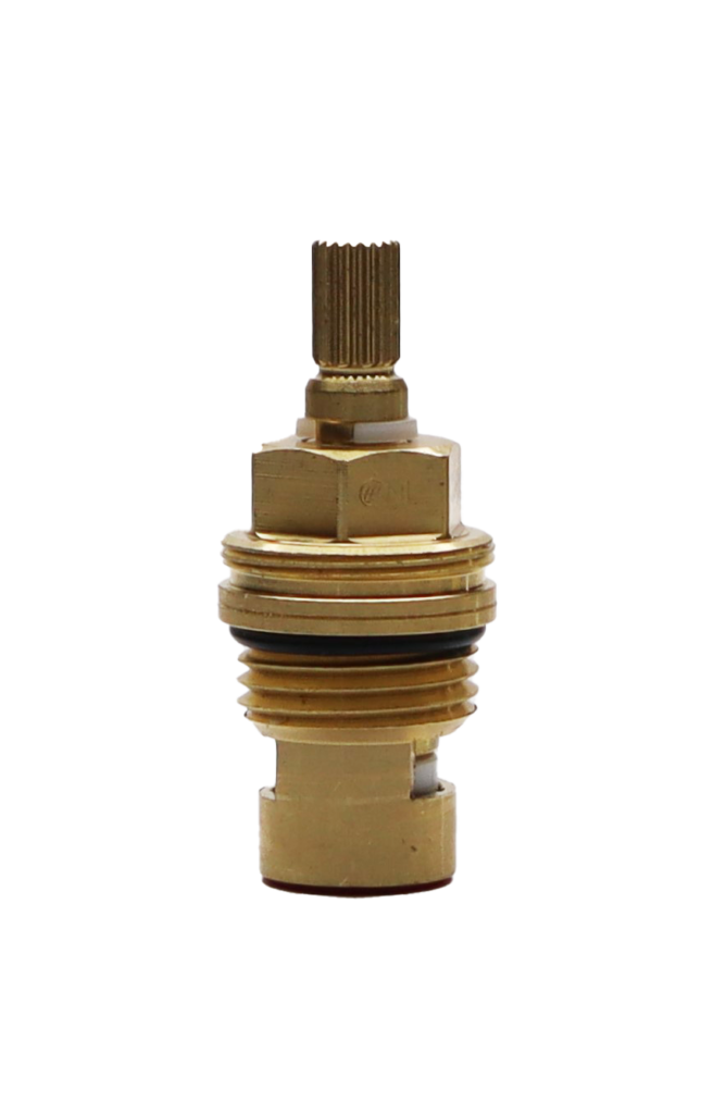 Bright brass cartridge with white plastic clip black oring and black bottom washer.