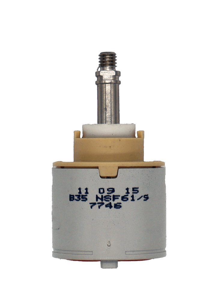 Grey and tan plastic cartridge metal screw type connection with red rubber seal.