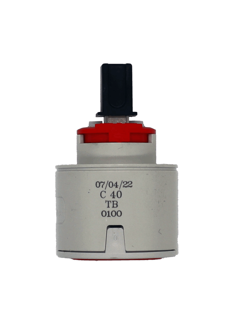 Grey plastic cartridge with red limit stop black square handle connection and red rubber seals.