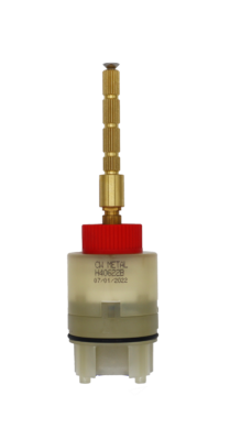 Clear plastic cartridge with red limit stop brass stem and handle extension black rubber o-ring and blue rubber bottom seal.