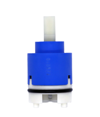 Bright blue plastic cartridge with white square handle connection white plastic bottom with black oring and black seals.