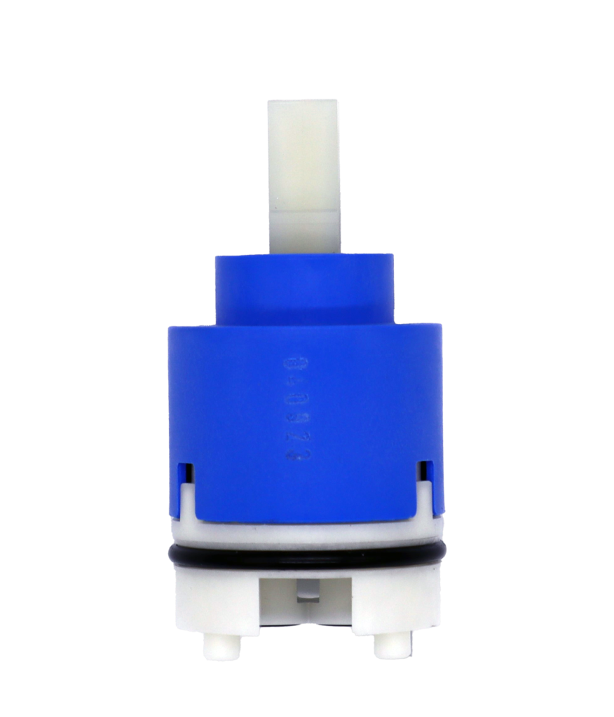 Bright blue plastic cartridge with white square handle connection white plastic bottom with black oring and black seals.