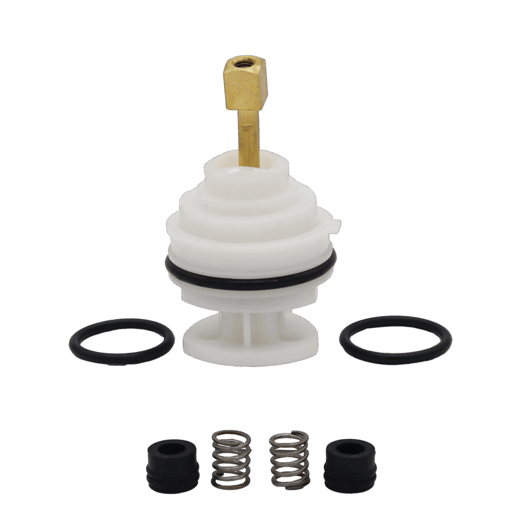White plastic cartridge with bright brass handle connection with black rubber o-rings black rubber seats and stainless springs.