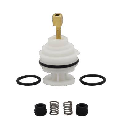 White plastic cartridge with bright brass handle connection with black rubber o-rings black rubber seats and stainless springs.