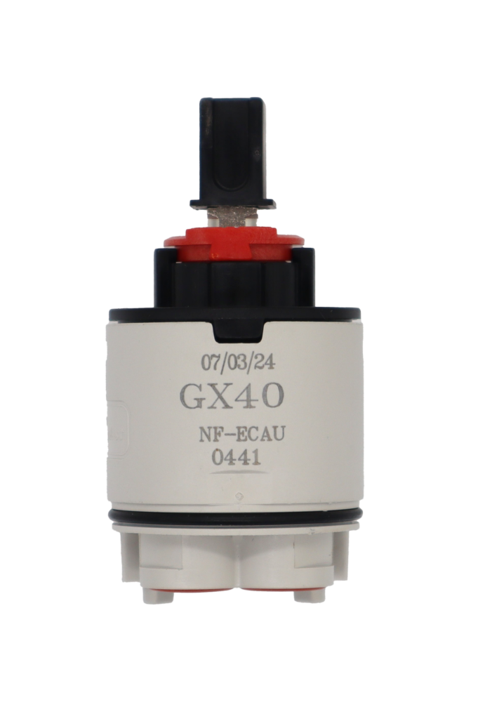 Grey plastic cartridge with black top red limit stop square handle adapter and red rubber bottom seals.