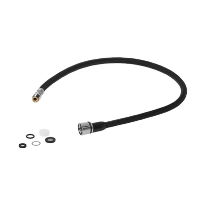 Black braided hose with polished chrome sprayhead connection and brass threaded faucet connection with rubber washers and o-rings.