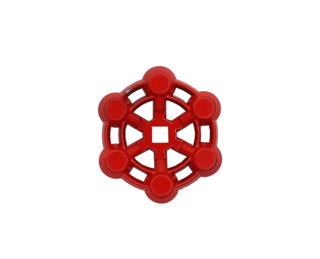 Bright red octagon shaped cast iron handle.