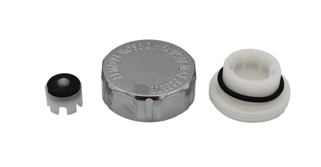 Polished chrome threaded cap with white plastic vacuum breakers with black o-ring and black rubber washer.