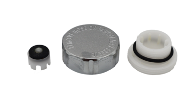 Polished chrome threaded cap with white plastic vacuum breakers with black o-ring and black rubber washer.