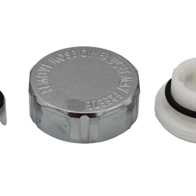 Polished chrome threaded cap with white plastic vacuum breakers with black o-ring and black rubber washer.