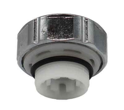 Polished chrome threaded cap with white plastic vacuum breakers with black o-ring and black rubber washer.