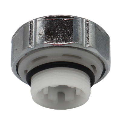 Polished chrome threaded cap with white plastic vacuum breakers with black o-ring and black rubber washer.